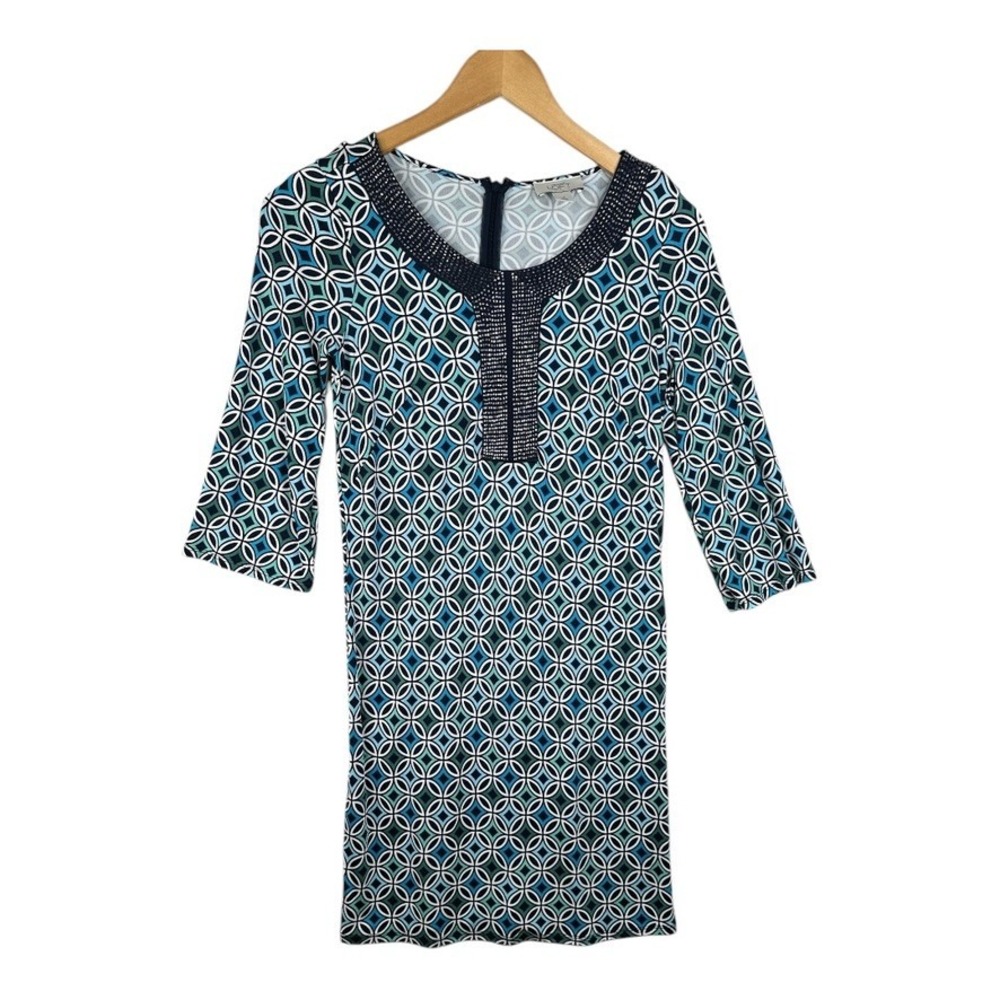 Ann Taylor LOFT 3/4 Length Sleeve Dress with Bugle Bead neckline size 2